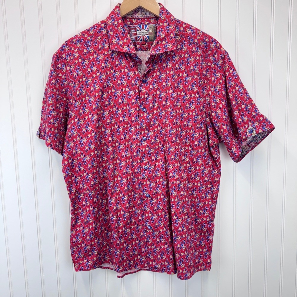 7 Downie St Button Down Men XL Red Floral Short Sleeve Casual Summer Preppy Chic